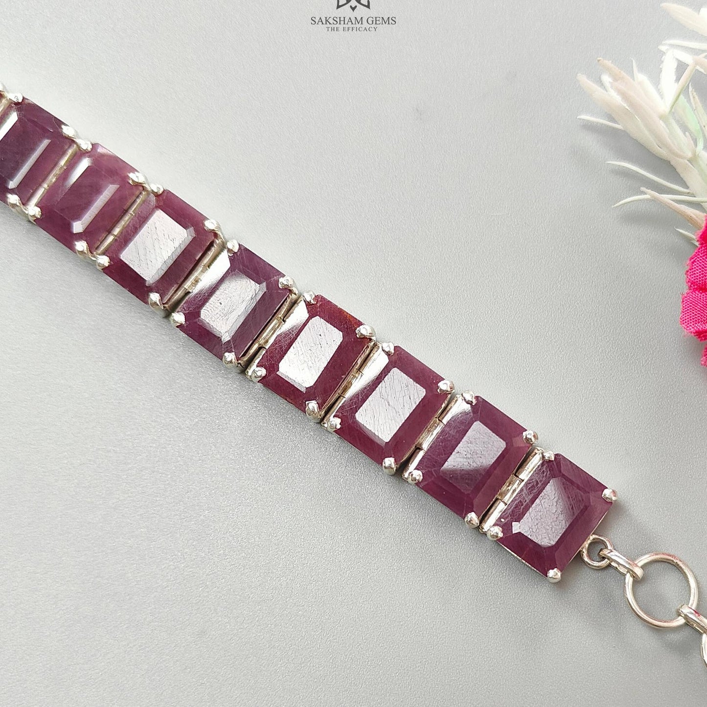 Ruby Faceted Bracelet: 52.06gms Natural Untreated Ruby Plain Baguette Shape 925 Sterling Silver Prong Set Bracelet 17*12mm 5.50"