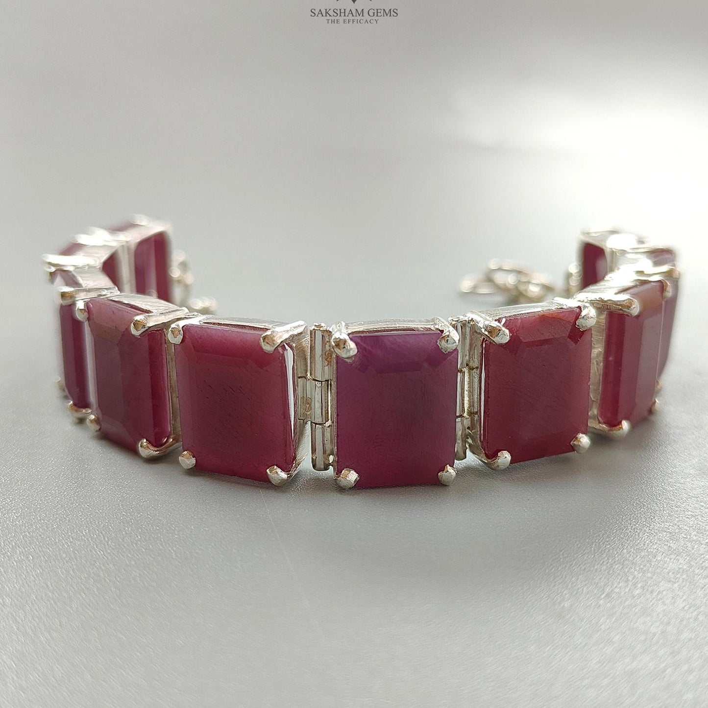 Ruby Faceted Bracelet: 52.06gms Natural Untreated Ruby Plain Baguette Shape 925 Sterling Silver Prong Set Bracelet 17*12mm 5.50"