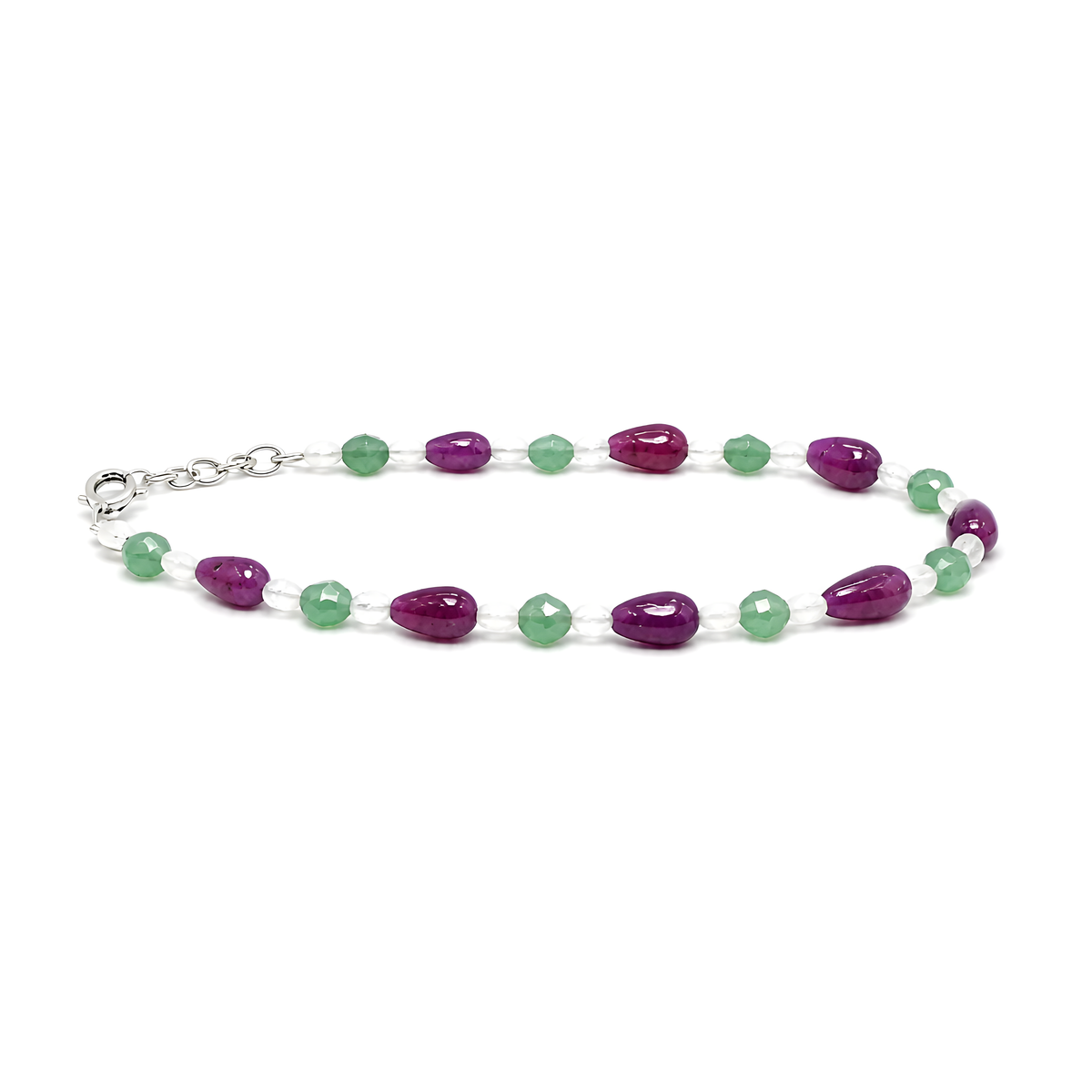 7.77gms Natural Ruby, Moonstone & Quartzite Plain Beads 925 Sterling Silver Bracelet 9"