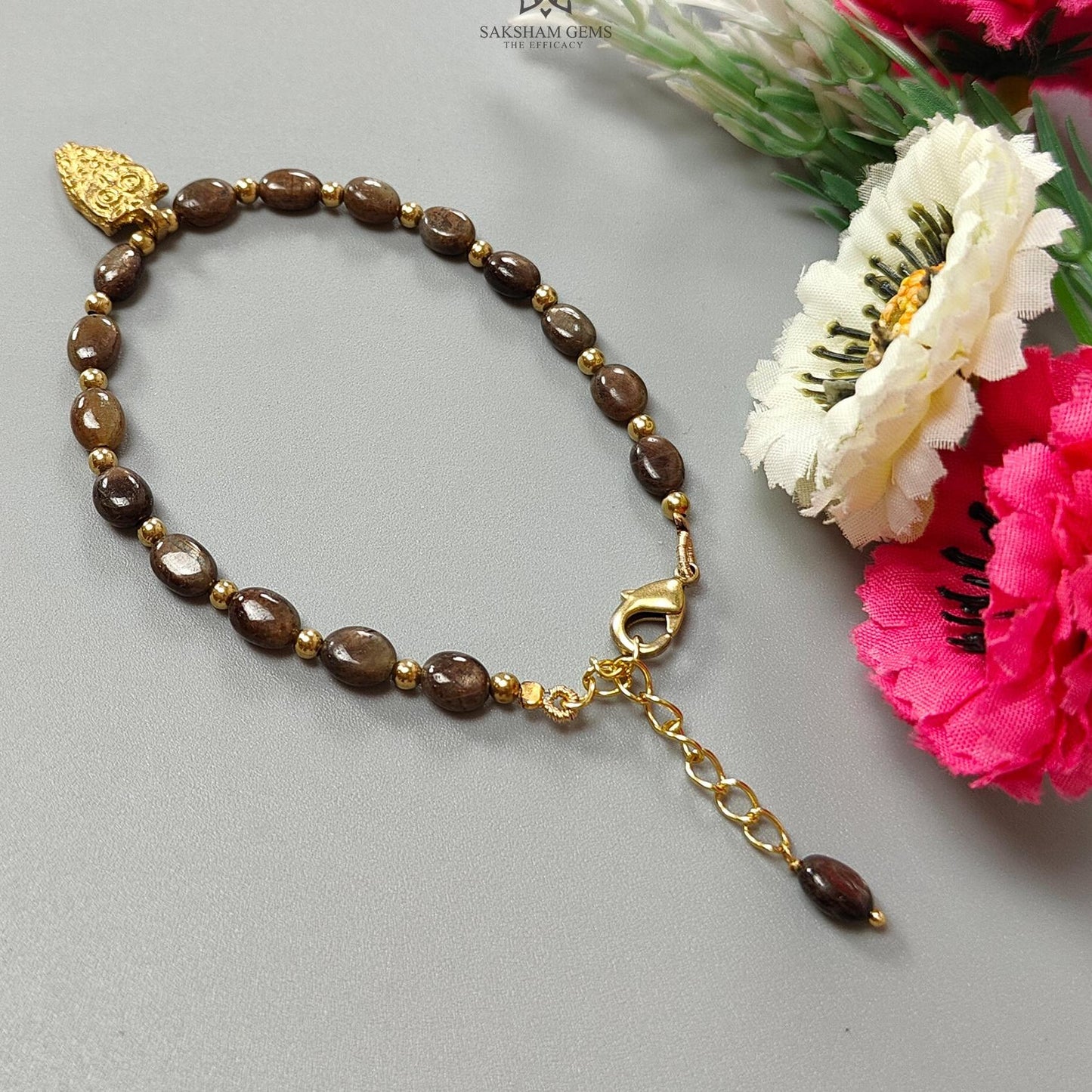 Golden Brown Chocolate Sapphire Beads Bracelet: 43.40cts Natural Untreated Sapphire Oval Shape Plain Brass Bracelet 7*5cmm 6.30"
