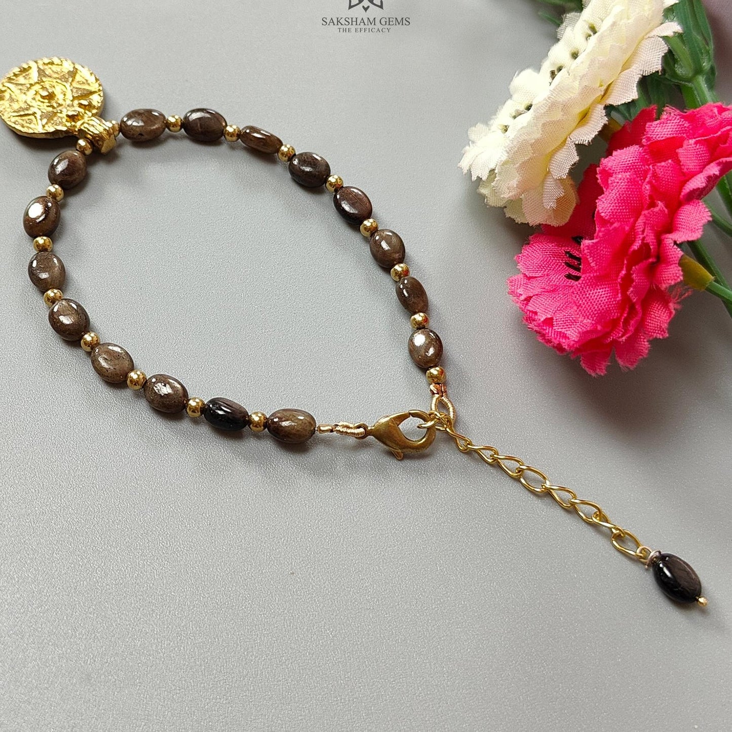 Golden Brown Chocolate Sapphire Beads Bracelet: 59.75cts Natural Untreated Sapphire Oval Shape Plain Brass Bracelet 7*5cmm 6.50"