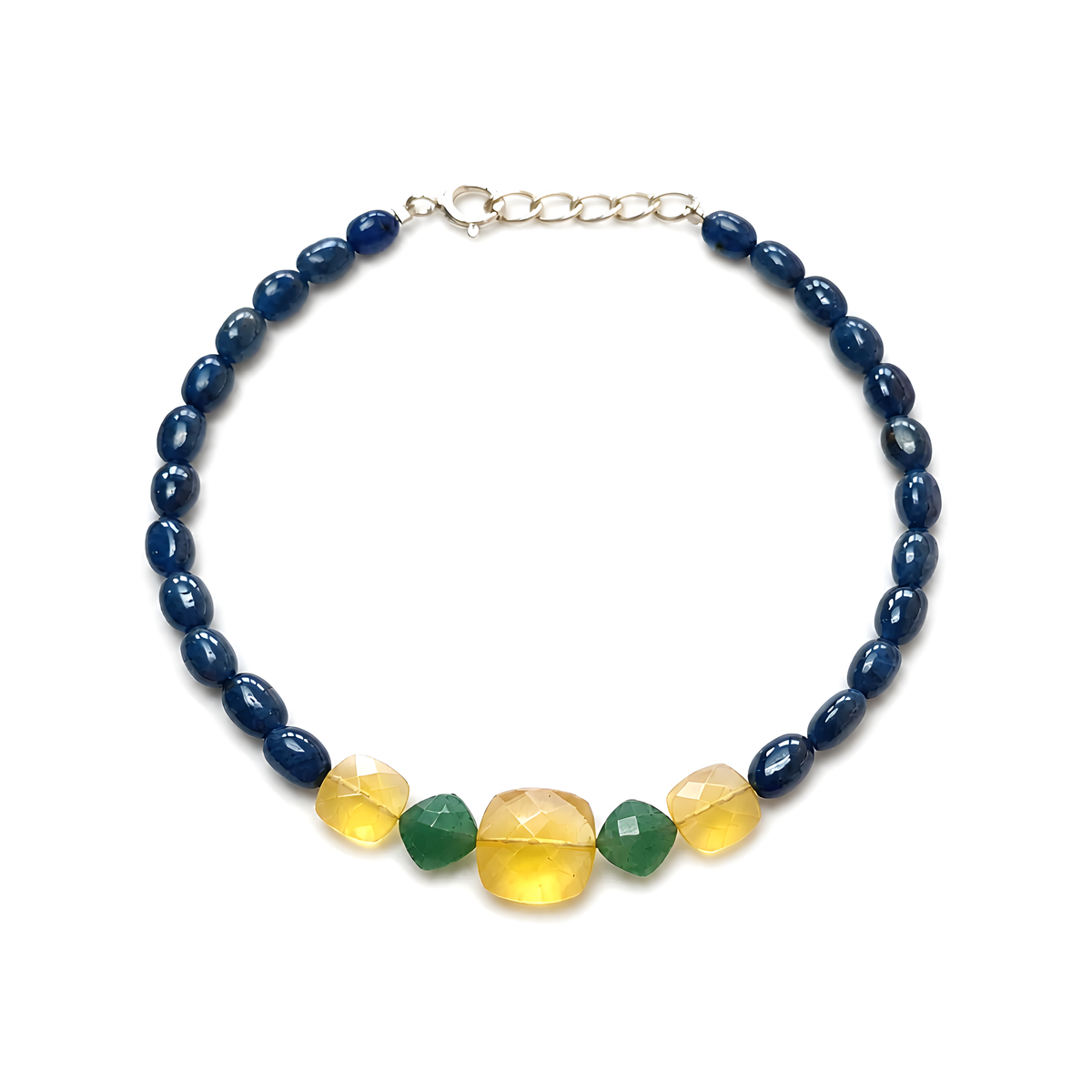 Sapphire Opal, Green Quartz Beads 925 Silver Bracelet