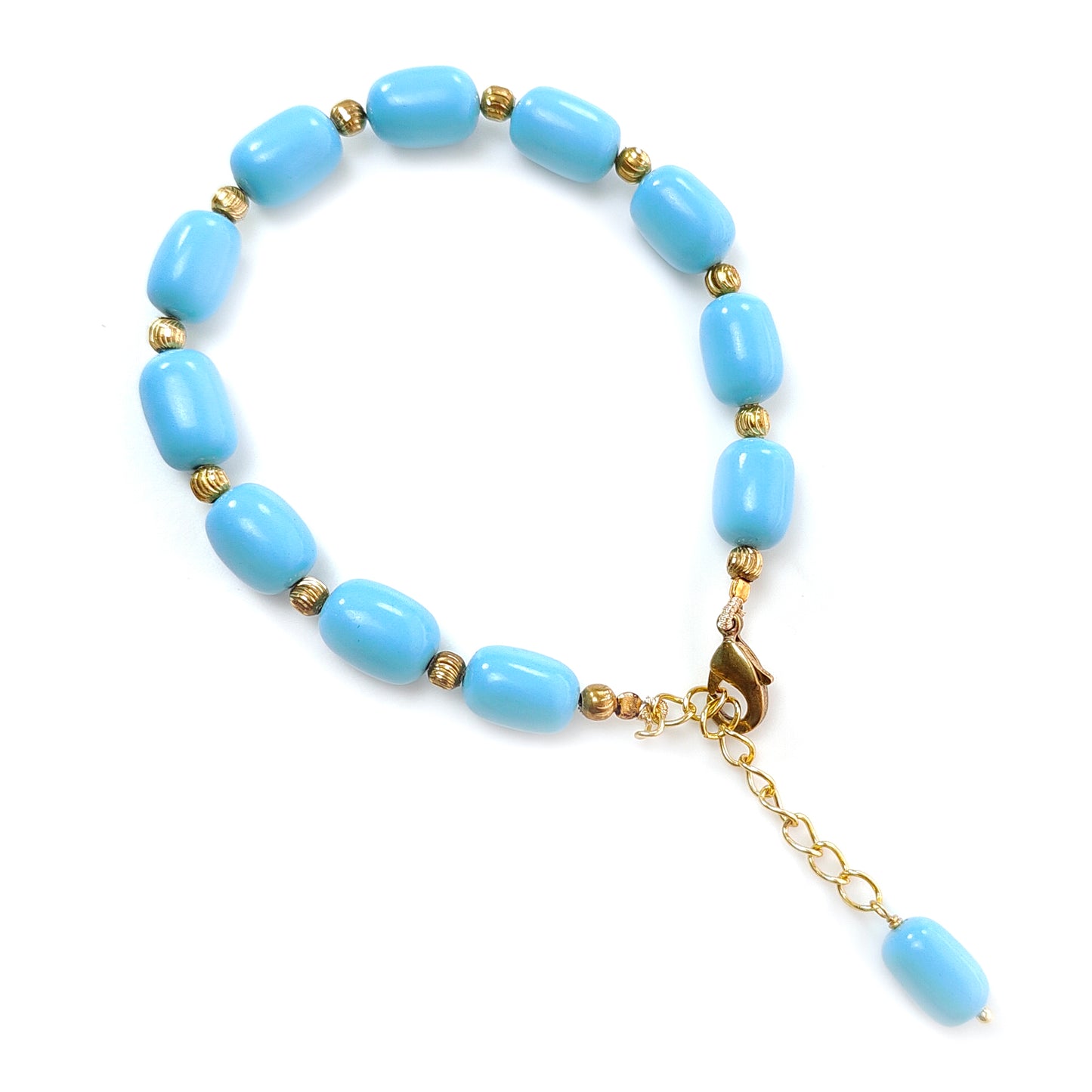 Blue Synthetic Turquoise Beads Bracelet: 63.75cts Simulant Turquoise Baguette Plain Brass Bracelet 10mm 7"