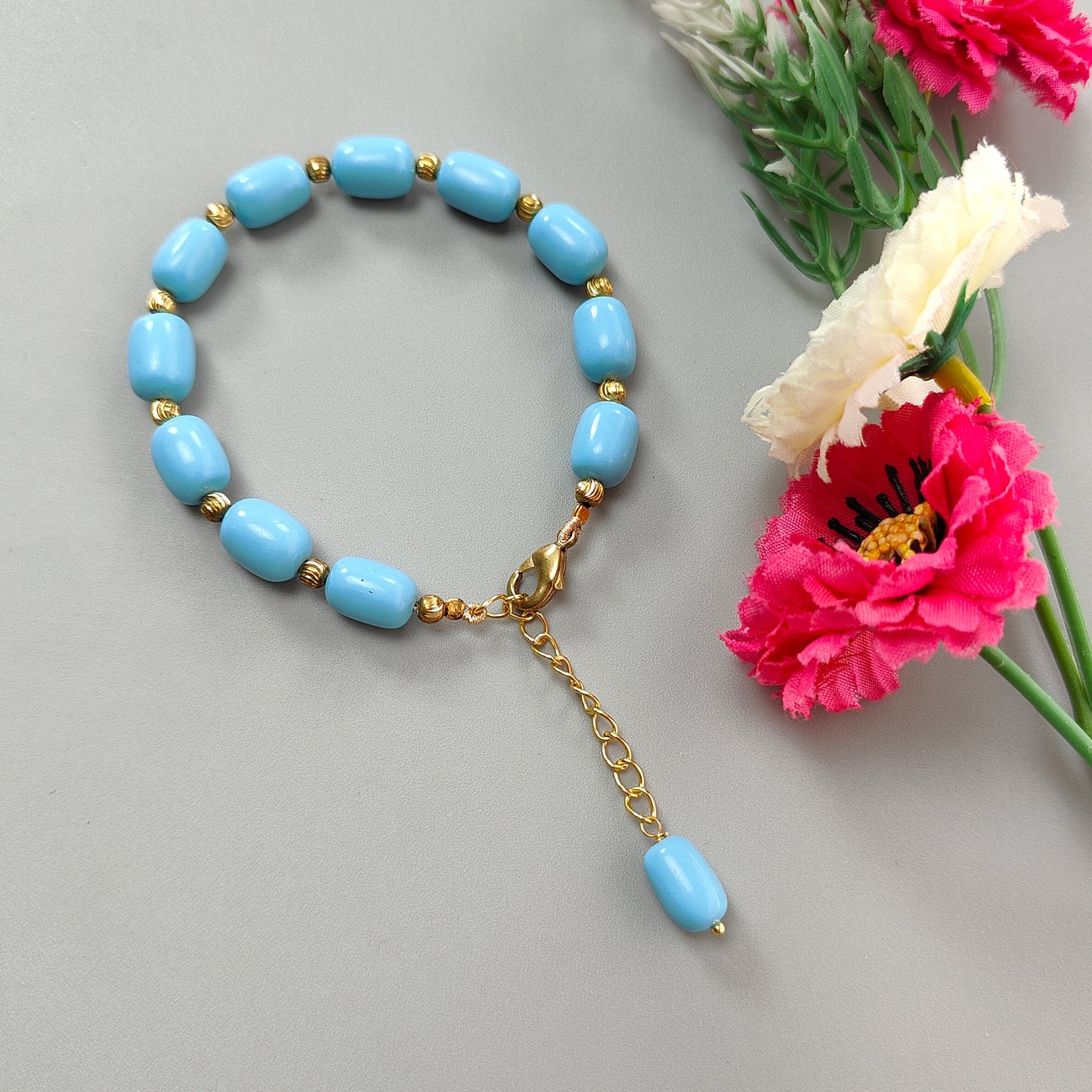 Blue Synthetic Turquoise Beads Bracelet: 63.75cts Simulant Turquoise Baguette Plain Brass Bracelet 10mm 7"