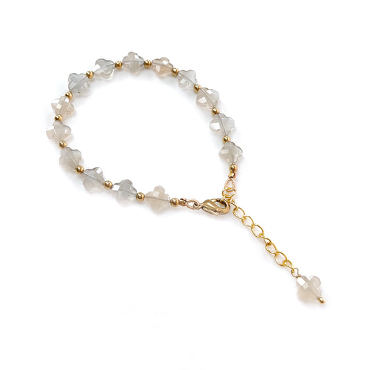 33.55cts Natural Silver Gray Moonstone Beads Checker Cut Brass Bracelet 6"+2"