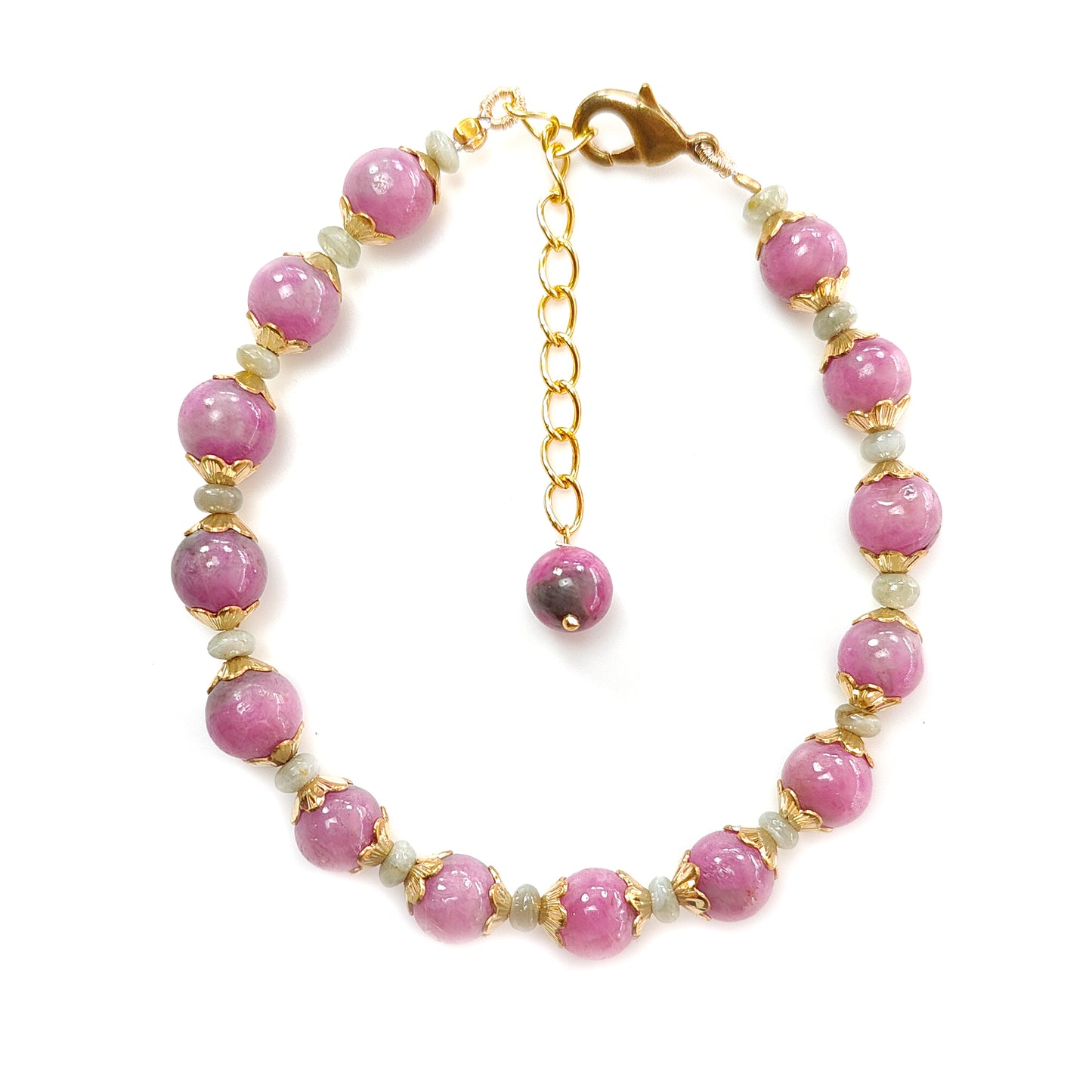 Zoisite Ruby & Chrysoberyl Cat's Eye Beads Bracelet: 71.60cts Natural Untreated Zoisite Ruby Round Plain Brass Bracelet 4mm - 7mm 6.30"