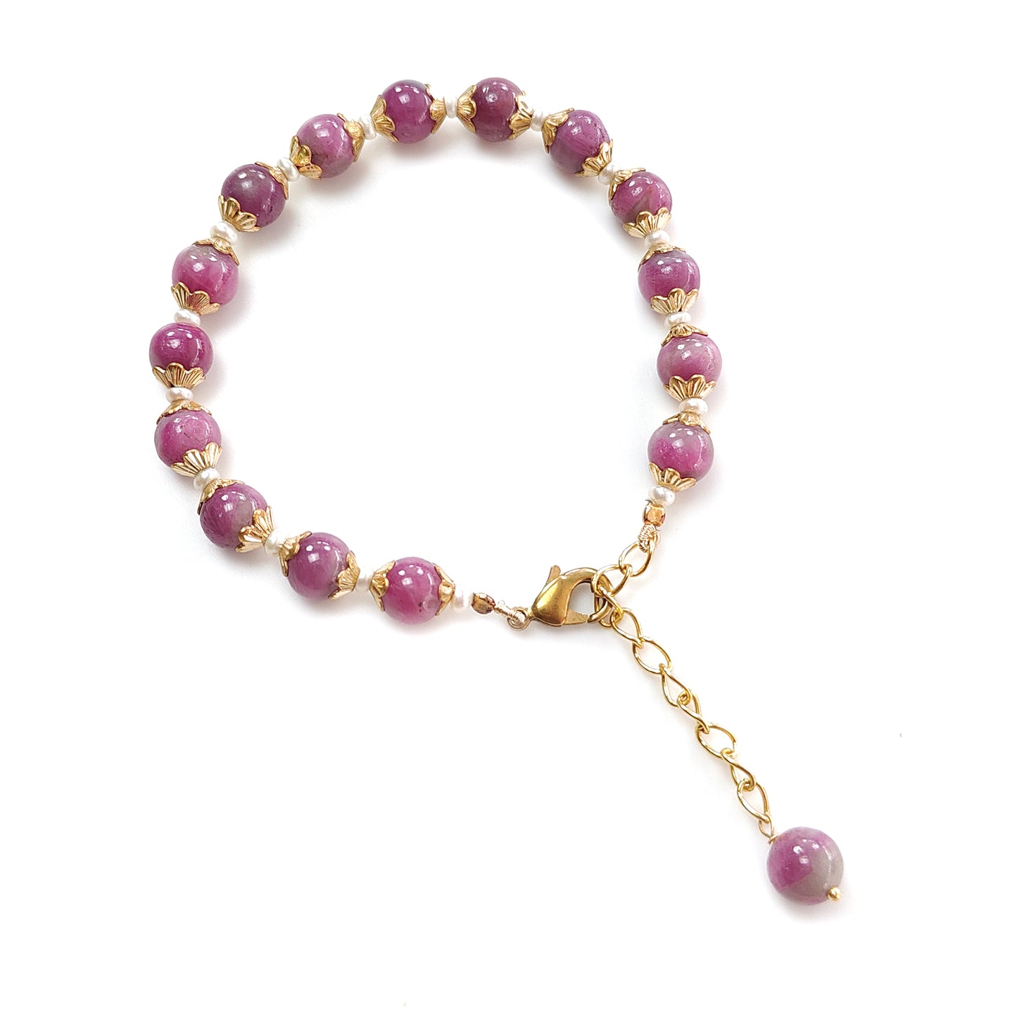 Zoisite Ruby & White Pearl Beads Bracelet: 72.80cts Natural Untreated Zoisite Ruby Round Plain Brass Bracelet 3mm - 7mm 6"