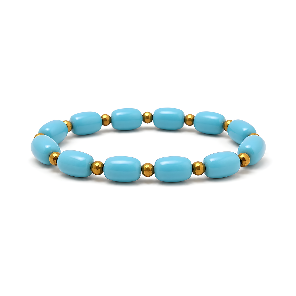 44.90cts Blue Synthetic Turquoise Baguette Plain Beads Stretchable Brass Bracelet 6"