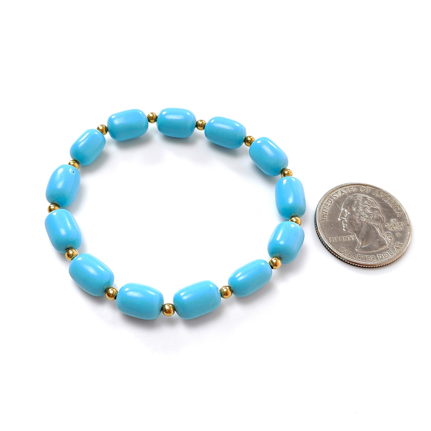 Blue Synthetic Turquoise Beads Bracelet: 53.70cts Simulant Turquoise Baguette Plain Stretchable Brass Bracelet 11mm 6"