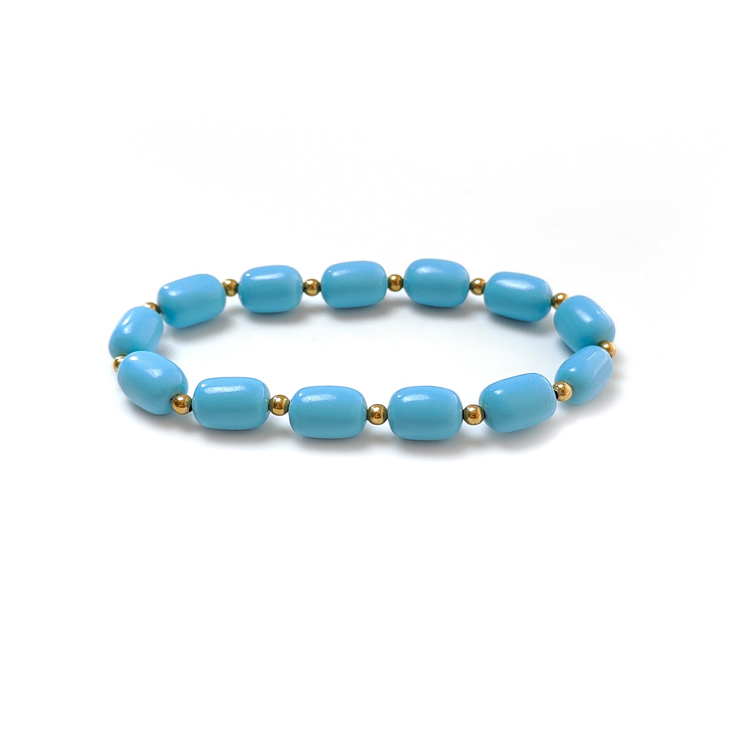 Blue Synthetic Turquoise Beads Bracelet: 53.70cts Simulant Turquoise Baguette Plain Stretchable Brass Bracelet 11mm 6"