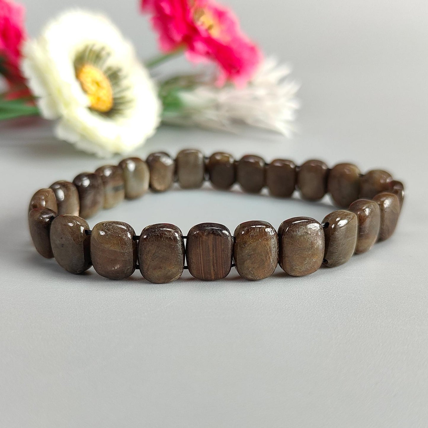 Golden Brown Chocolate Sapphire Beads Bracelet: 106.95cts Natural Untreated Sapphire Cushion Shape Plain Stretchable Bracelet 10*8mm 7"