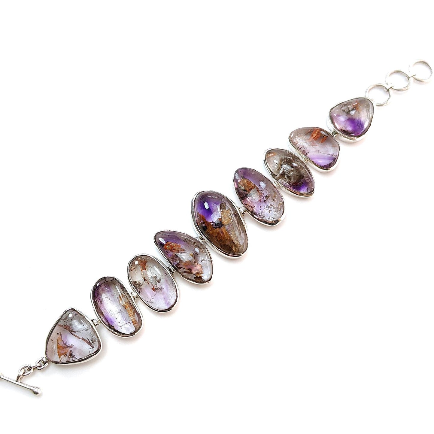 Rutile Amethyst Plain Silver Bracelet: 48.11gms Natural Purple Quartz Plain Fancy Shape 925 Sterling Silver Bezel Set Bracelet 8"