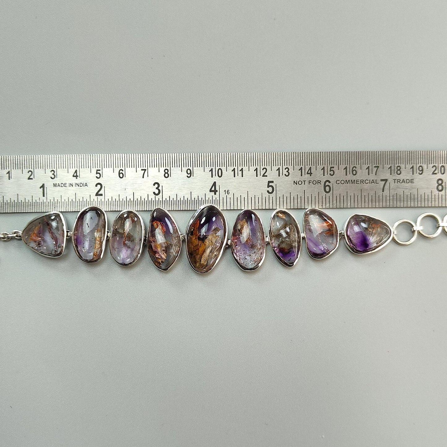 Rutile Amethyst Plain Silver Bracelet: 48.11gms Natural Purple Quartz Plain Fancy Shape 925 Sterling Silver Bezel Set Bracelet 8"