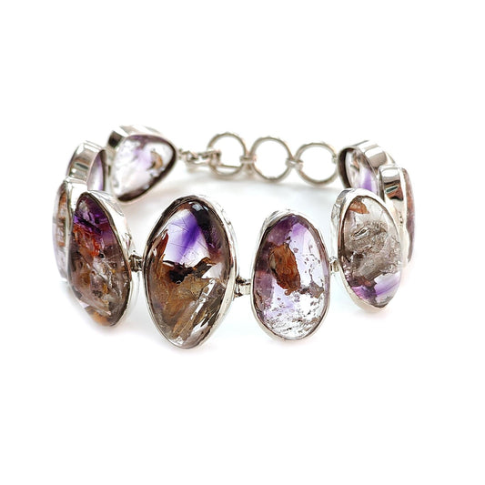 Rutile Amethyst Plain Silver Bracelet: 48.11gms Natural Purple Quartz Plain Fancy Shape 925 Sterling Silver Bezel Set Bracelet 8"