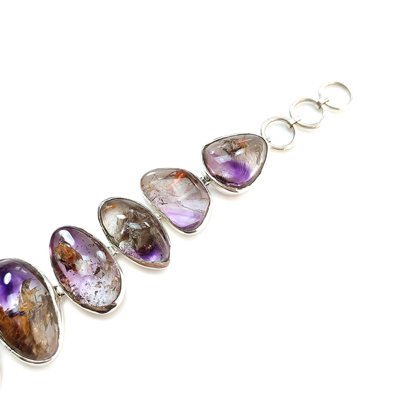 Rutile Amethyst Plain Silver Bracelet: 48.11gms Natural Purple Quartz Plain Fancy Shape 925 Sterling Silver Bezel Set Bracelet 8"