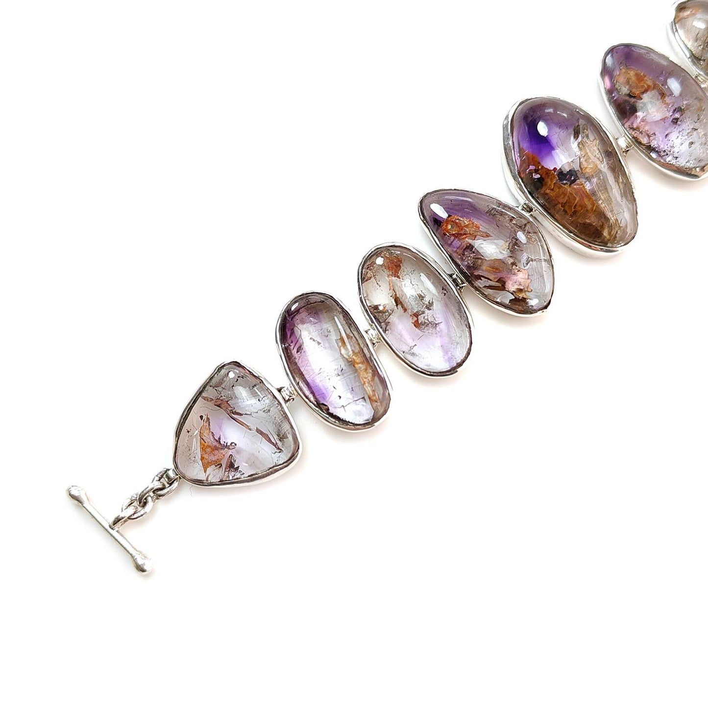 Rutile Amethyst Plain Silver Bracelet: 48.11gms Natural Purple Quartz Plain Fancy Shape 925 Sterling Silver Bezel Set Bracelet 8"