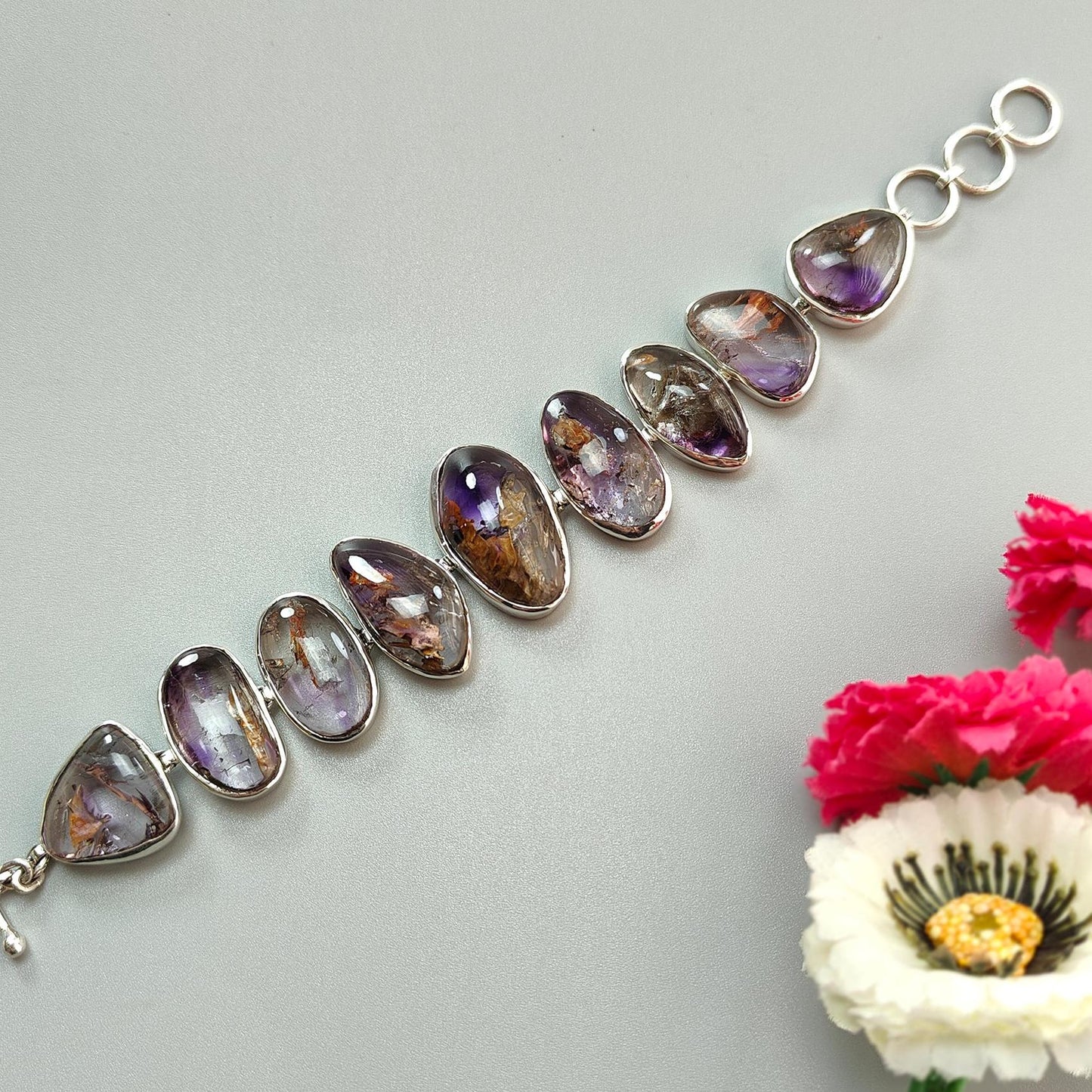Rutile Amethyst Plain Silver Bracelet: 48.11gms Natural Purple Quartz Plain Fancy Shape 925 Sterling Silver Bezel Set Bracelet 8"