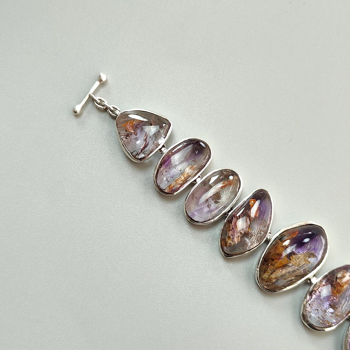 Rutile Amethyst Plain Silver Bracelet: 48.11gms Natural Purple Quartz Plain Fancy Shape 925 Sterling Silver Bezel Set Bracelet 8"
