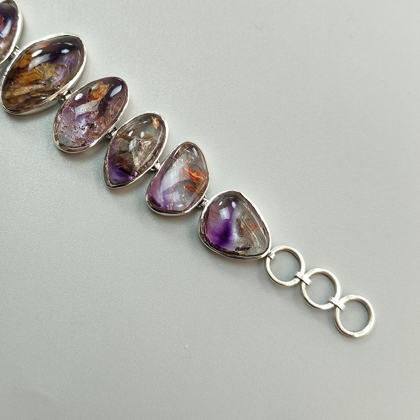 Rutile Amethyst Plain Silver Bracelet: 48.11gms Natural Purple Quartz Plain Fancy Shape 925 Sterling Silver Bezel Set Bracelet 8"