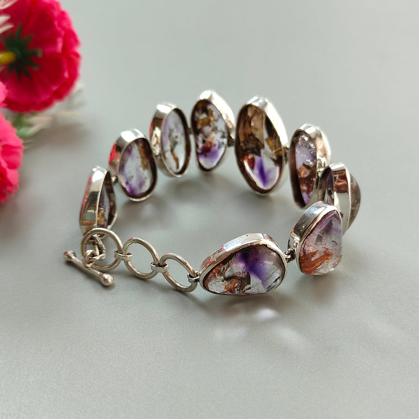 Rutile Amethyst Plain Silver Bracelet: 48.11gms Natural Purple Quartz Plain Fancy Shape 925 Sterling Silver Bezel Set Bracelet 8"