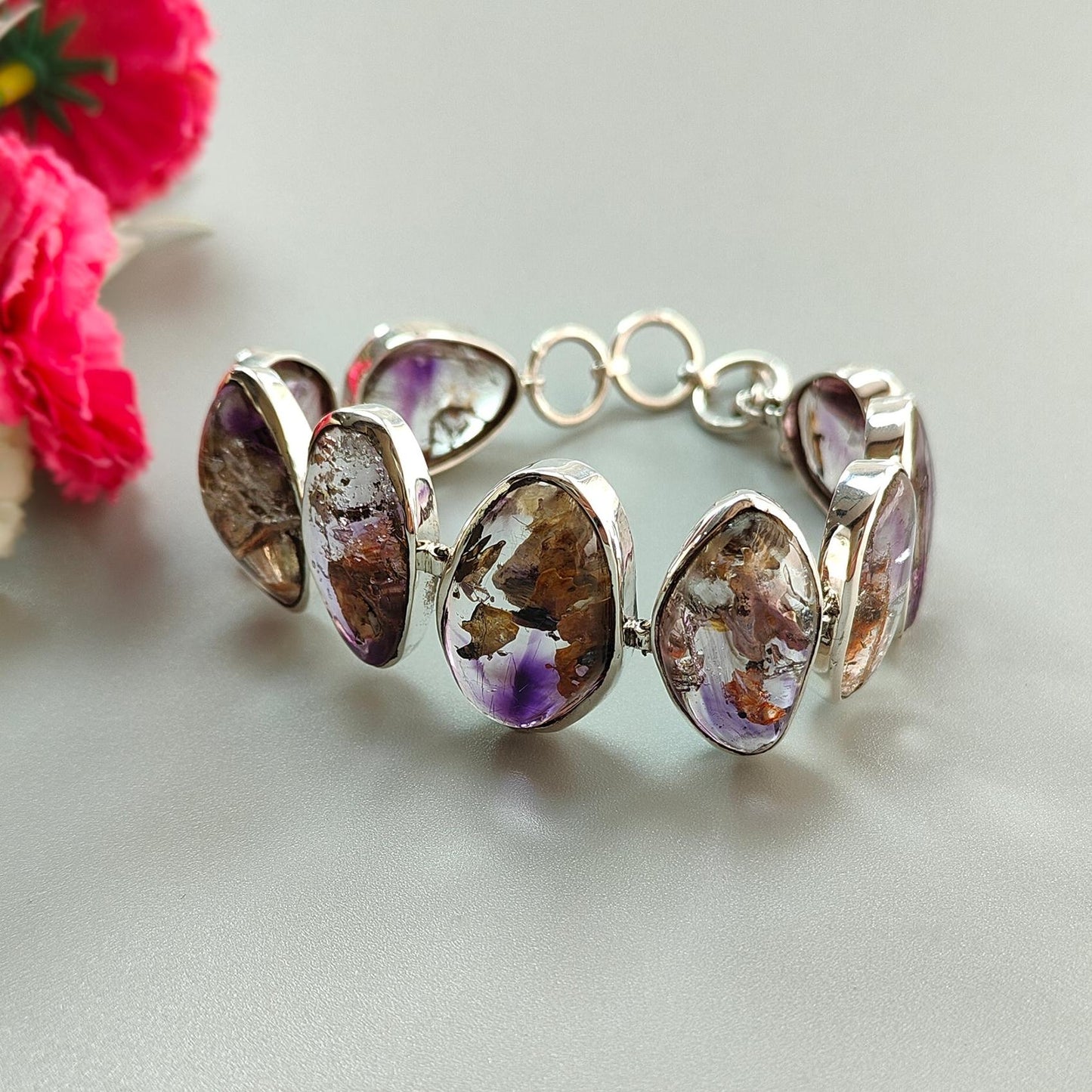 Rutile Amethyst Plain Silver Bracelet: 48.11gms Natural Purple Quartz Plain Fancy Shape 925 Sterling Silver Bezel Set Bracelet 8"