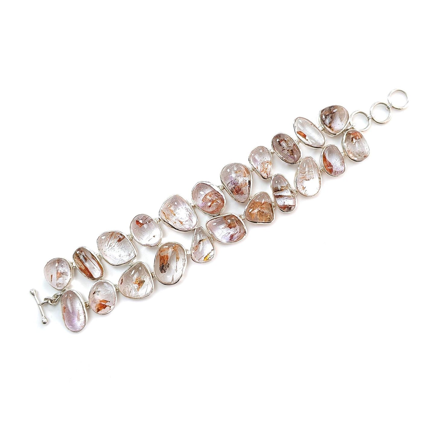 Rutile Amethyst Plain Silver Bracelet: 78.94gms Natural Purple Quartz Plain Fancy Shape 925 Sterling Silver Bezel Set Bracelet 8.50"
