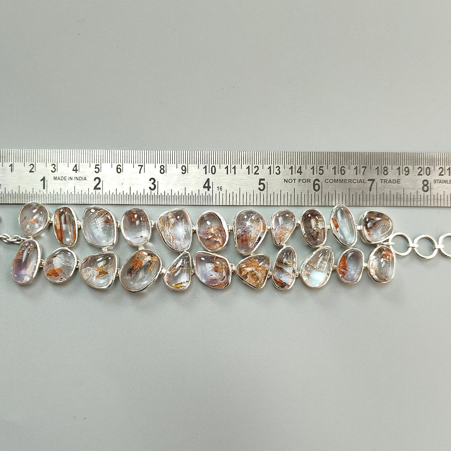 Rutile Amethyst Plain Silver Bracelet: 78.94gms Natural Purple Quartz Plain Fancy Shape 925 Sterling Silver Bezel Set Bracelet 8.50"