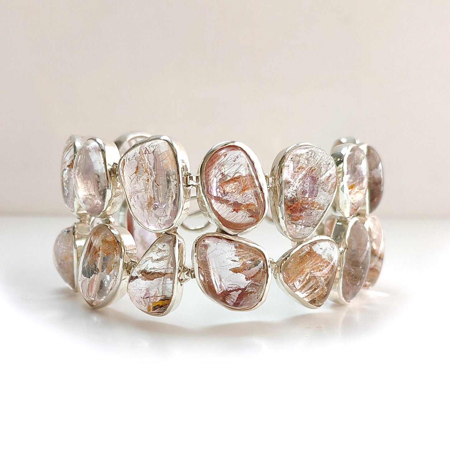 Rutile Amethyst Plain Silver Bracelet: 78.94gms Natural Purple Quartz Plain Fancy Shape 925 Sterling Silver Bezel Set Bracelet 8.50"