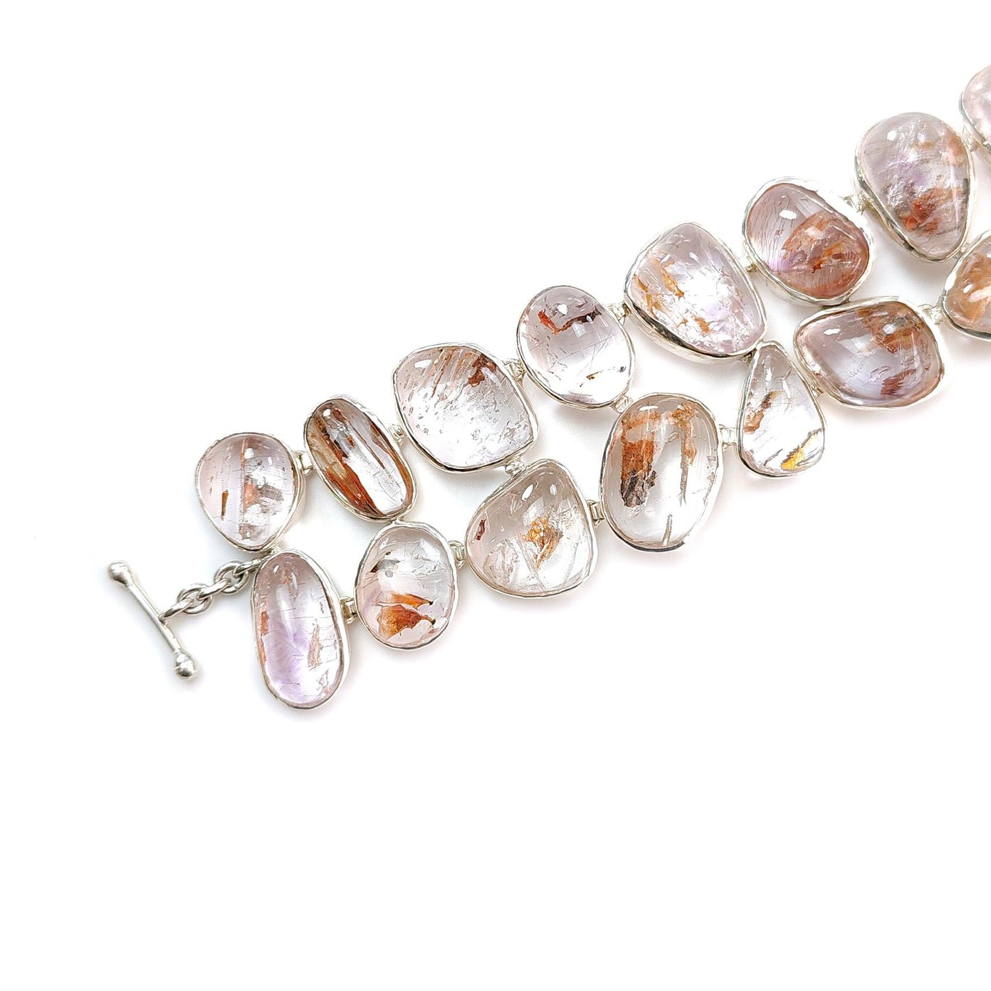 Rutile Amethyst Plain Silver Bracelet: 78.94gms Natural Purple Quartz Plain Fancy Shape 925 Sterling Silver Bezel Set Bracelet 8.50"