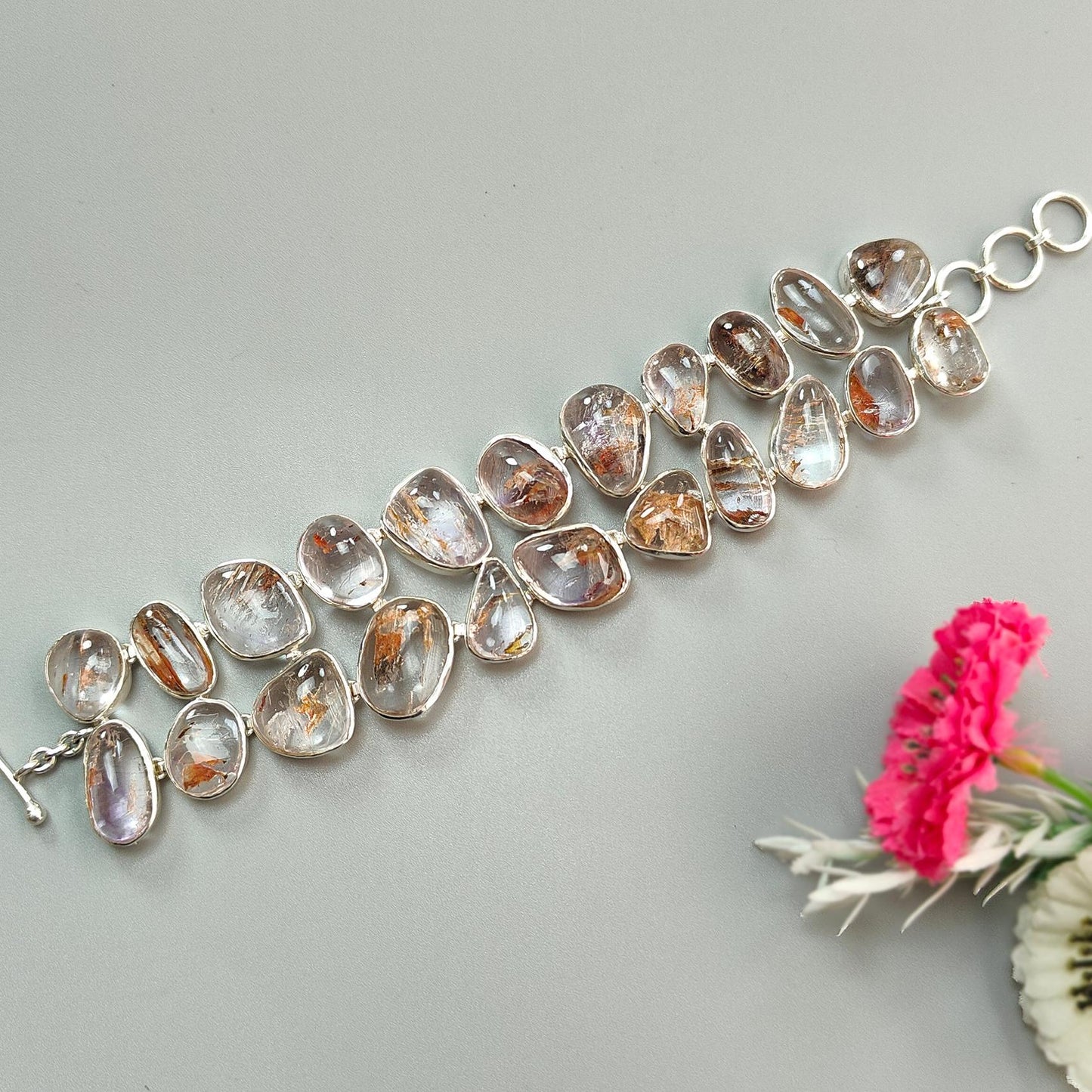 Rutile Amethyst Plain Silver Bracelet: 78.94gms Natural Purple Quartz Plain Fancy Shape 925 Sterling Silver Bezel Set Bracelet 8.50"