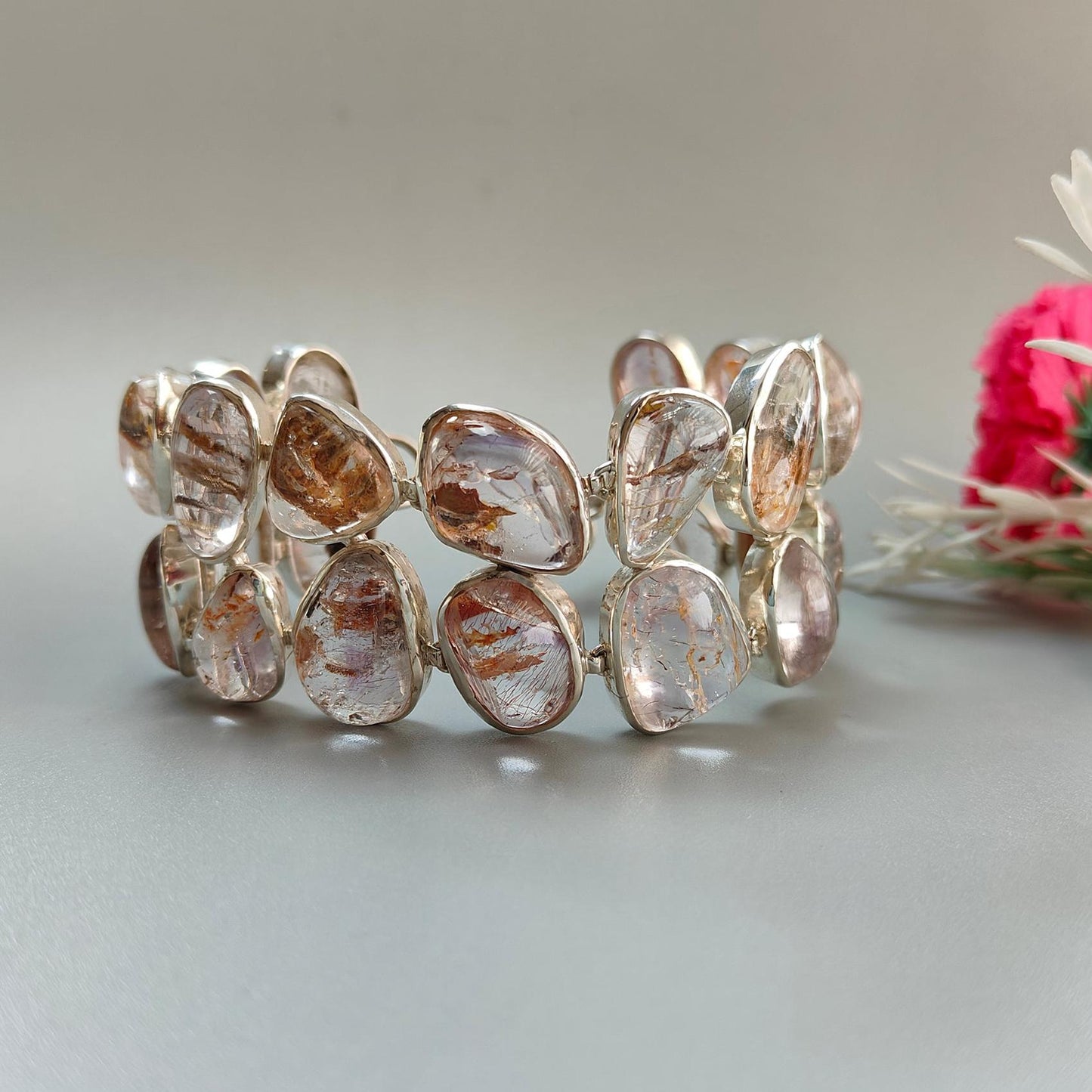 Rutile Amethyst Plain Silver Bracelet: 78.94gms Natural Purple Quartz Plain Fancy Shape 925 Sterling Silver Bezel Set Bracelet 8.50"