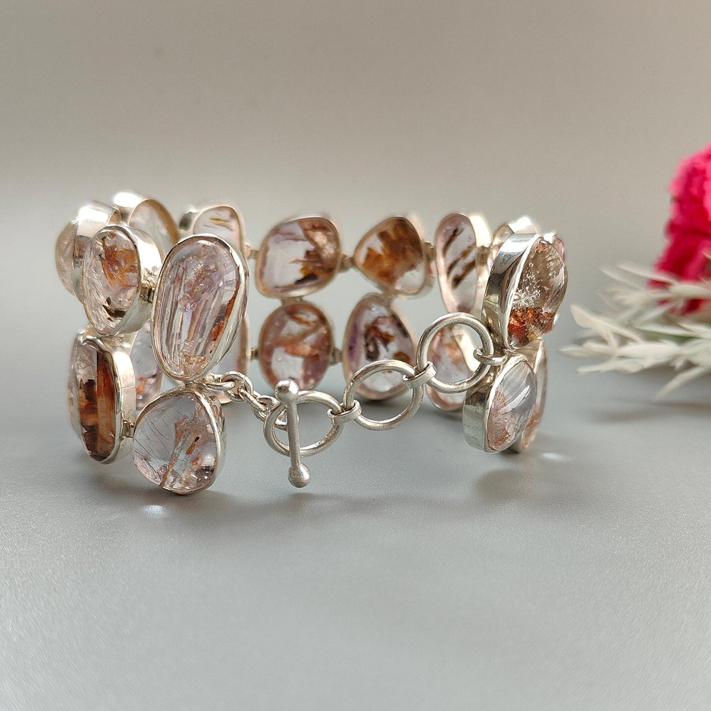 Rutile Amethyst Plain Silver Bracelet: 78.94gms Natural Purple Quartz Plain Fancy Shape 925 Sterling Silver Bezel Set Bracelet 8.50"