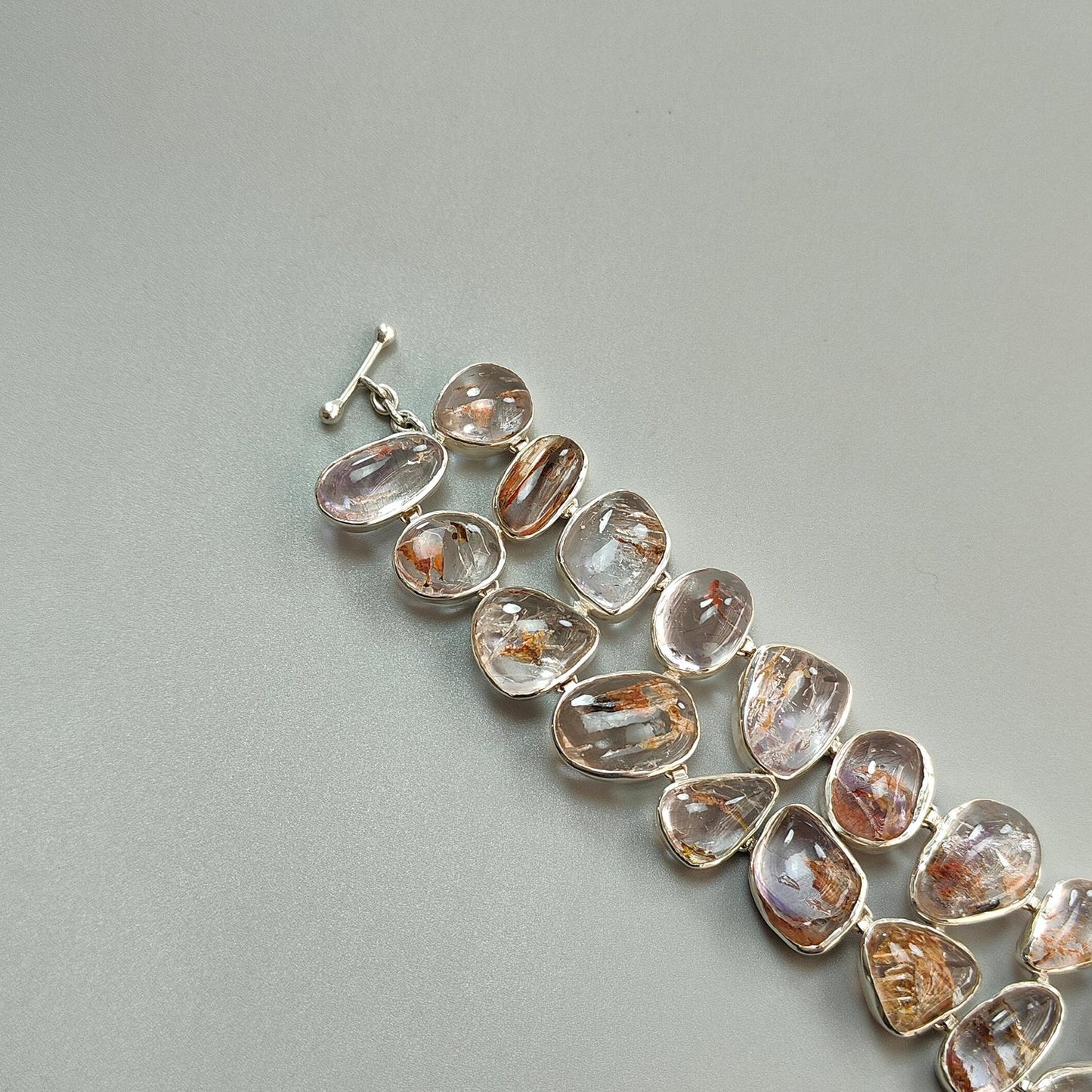 Rutile Amethyst Plain Silver Bracelet: 78.94gms Natural Purple Quartz Plain Fancy Shape 925 Sterling Silver Bezel Set Bracelet 8.50"