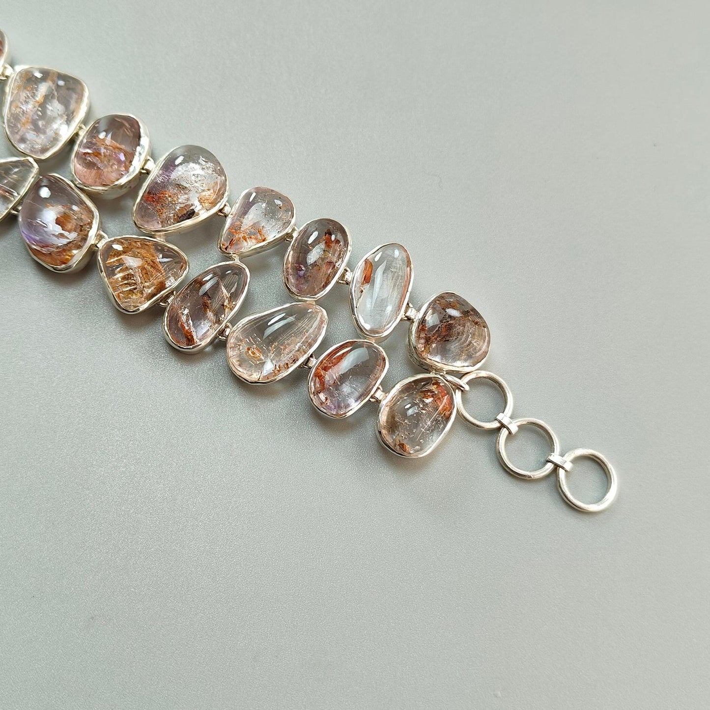 Rutile Amethyst Plain Silver Bracelet: 78.94gms Natural Purple Quartz Plain Fancy Shape 925 Sterling Silver Bezel Set Bracelet 8.50"