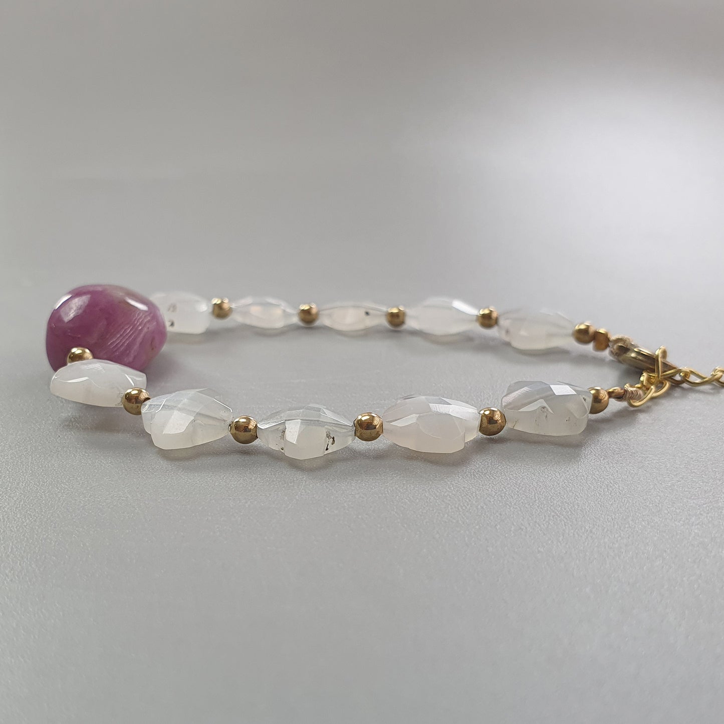 Gray Moonstone Beads Bracelet: 64.00cts Natural Zoisite Ruby Fancy Both Side Faceted Checker Cut Brass Bracelet 9mm - 20*13mm 6"