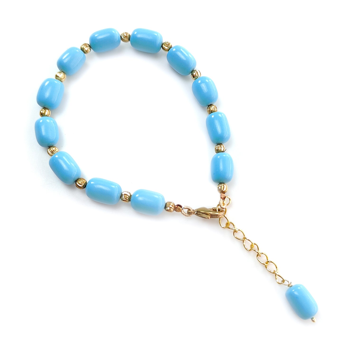 Blue Synthetic Turquoise Beads Bracelet: 64.00cts Simulant Turquoise Baguette Plain Brass Bracelet 12mm 7"