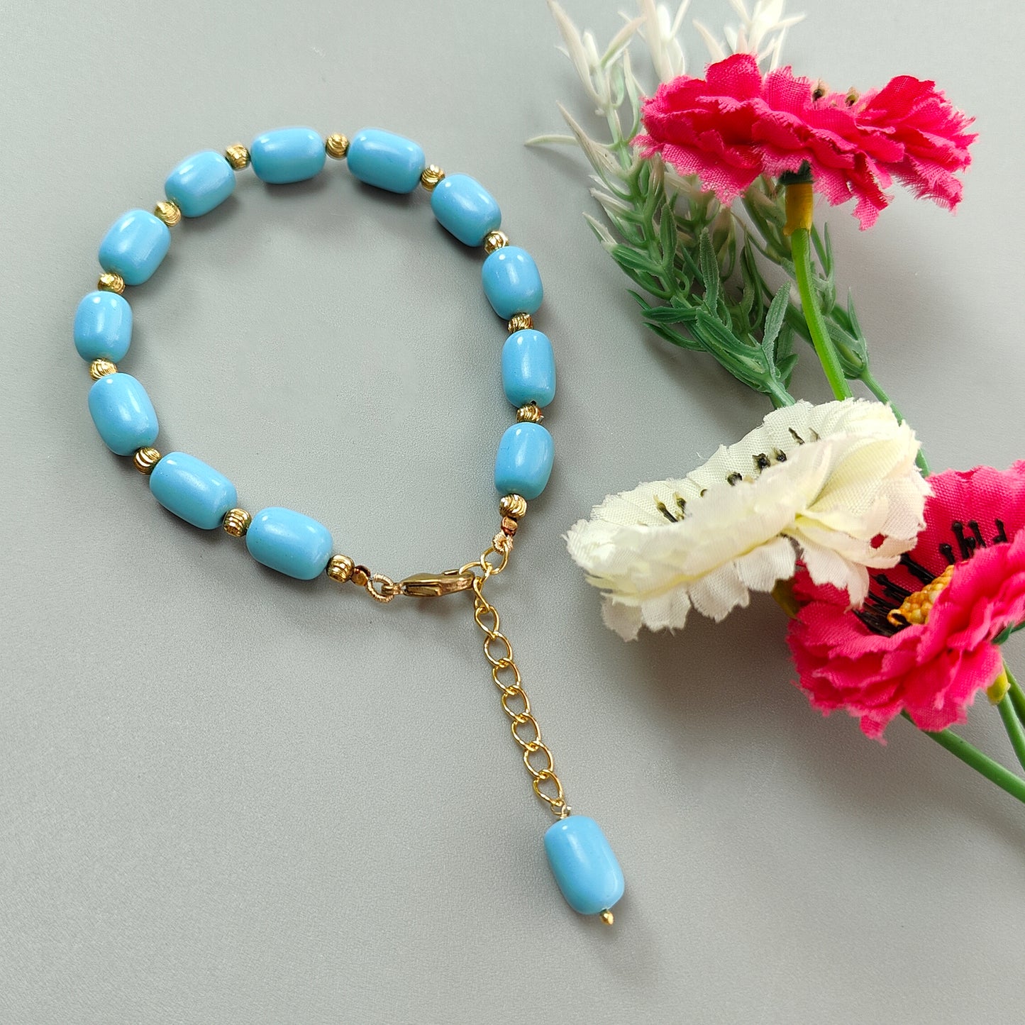 Blue Synthetic Turquoise Beads Bracelet: 64.00cts Simulant Turquoise Baguette Plain Brass Bracelet 12mm 7"