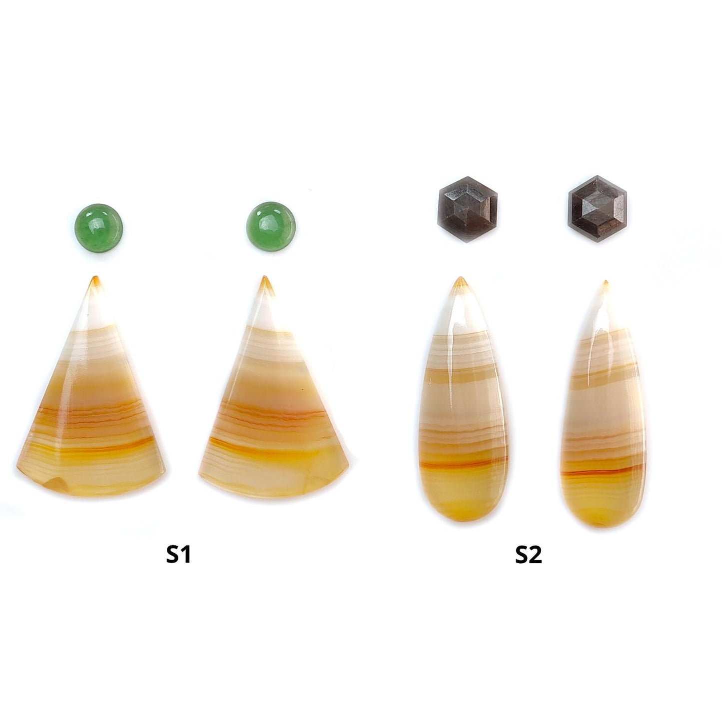 Botswana Agate Gemstone with Serpentine & Gray Sapphire Cabochon: Natural Untreated Agate Gemstone Bi-Color Agate Triangle, Pear 4pcs Set