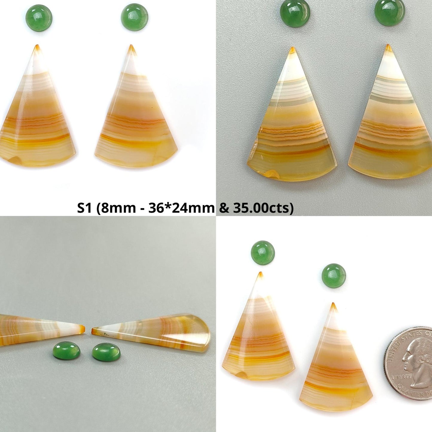 Botswana Agate Gemstone with Serpentine & Gray Sapphire Cabochon: Natural Untreated Agate Gemstone Bi-Color Agate Triangle, Pear 4pcs Set