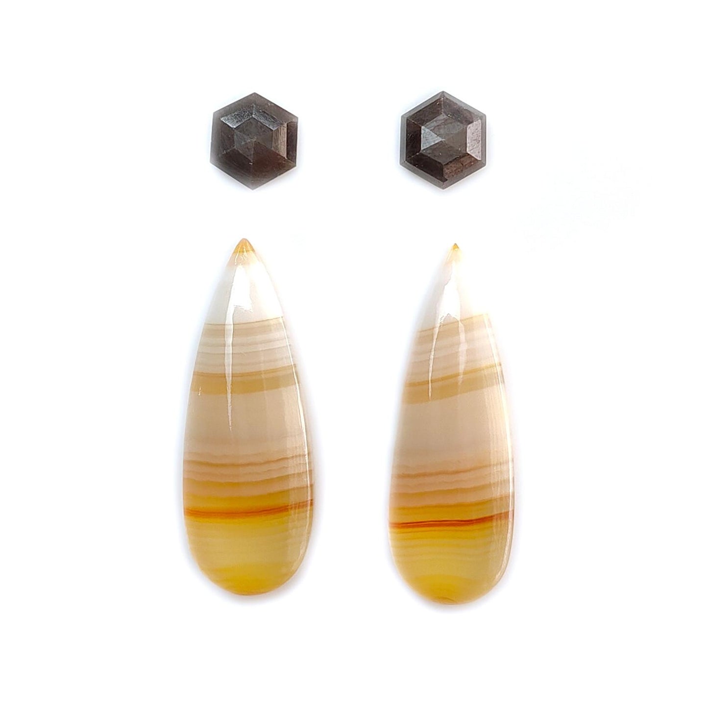 Botswana Agate Gemstone with Serpentine & Gray Sapphire Cabochon: Natural Untreated Agate Gemstone Bi-Color Agate Triangle, Pear 4pcs Set