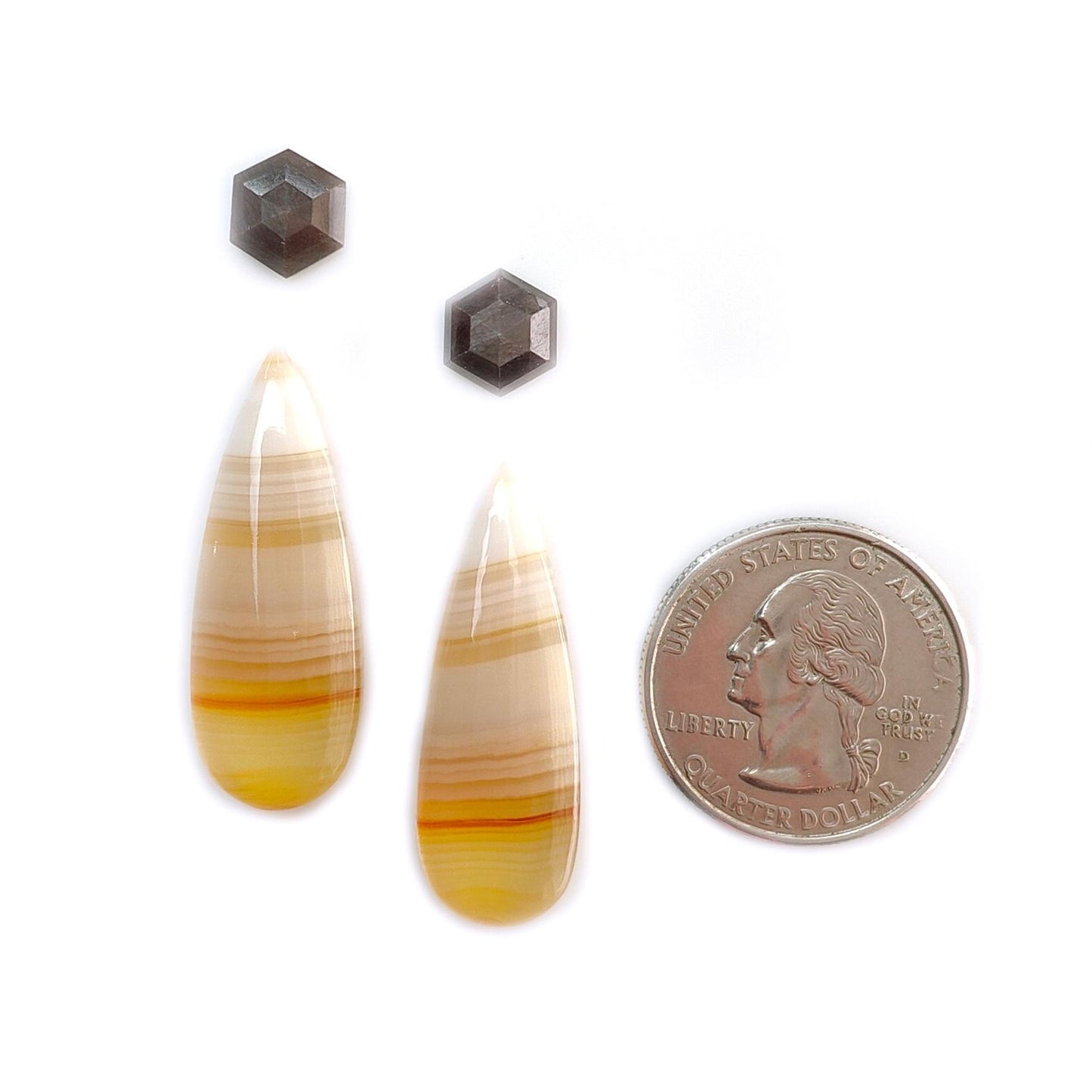 Botswana Agate Gemstone with Serpentine & Gray Sapphire Cabochon: Natural Untreated Agate Gemstone Bi-Color Agate Triangle, Pear 4pcs Set