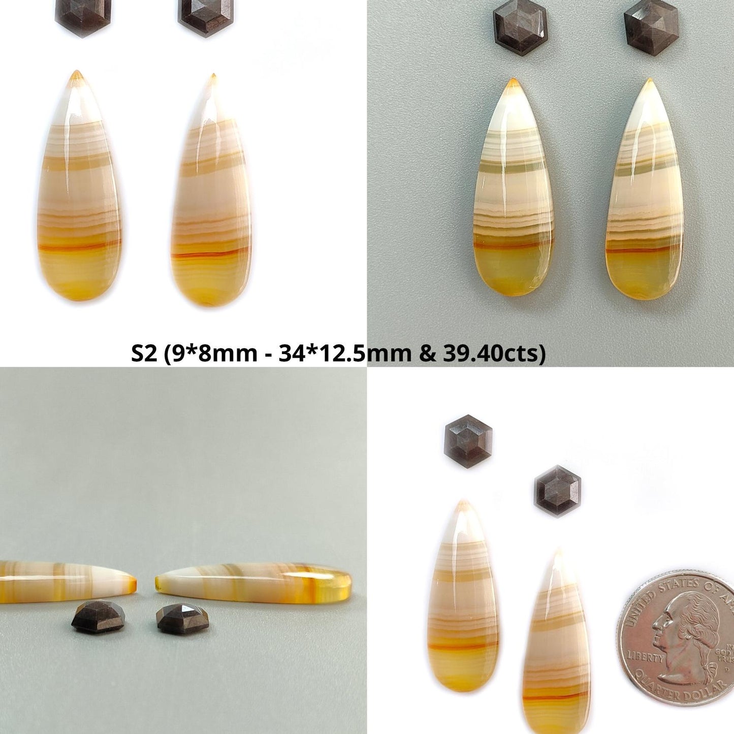 Botswana Agate Gemstone with Serpentine & Gray Sapphire Cabochon: Natural Untreated Agate Gemstone Bi-Color Agate Triangle, Pear 4pcs Set