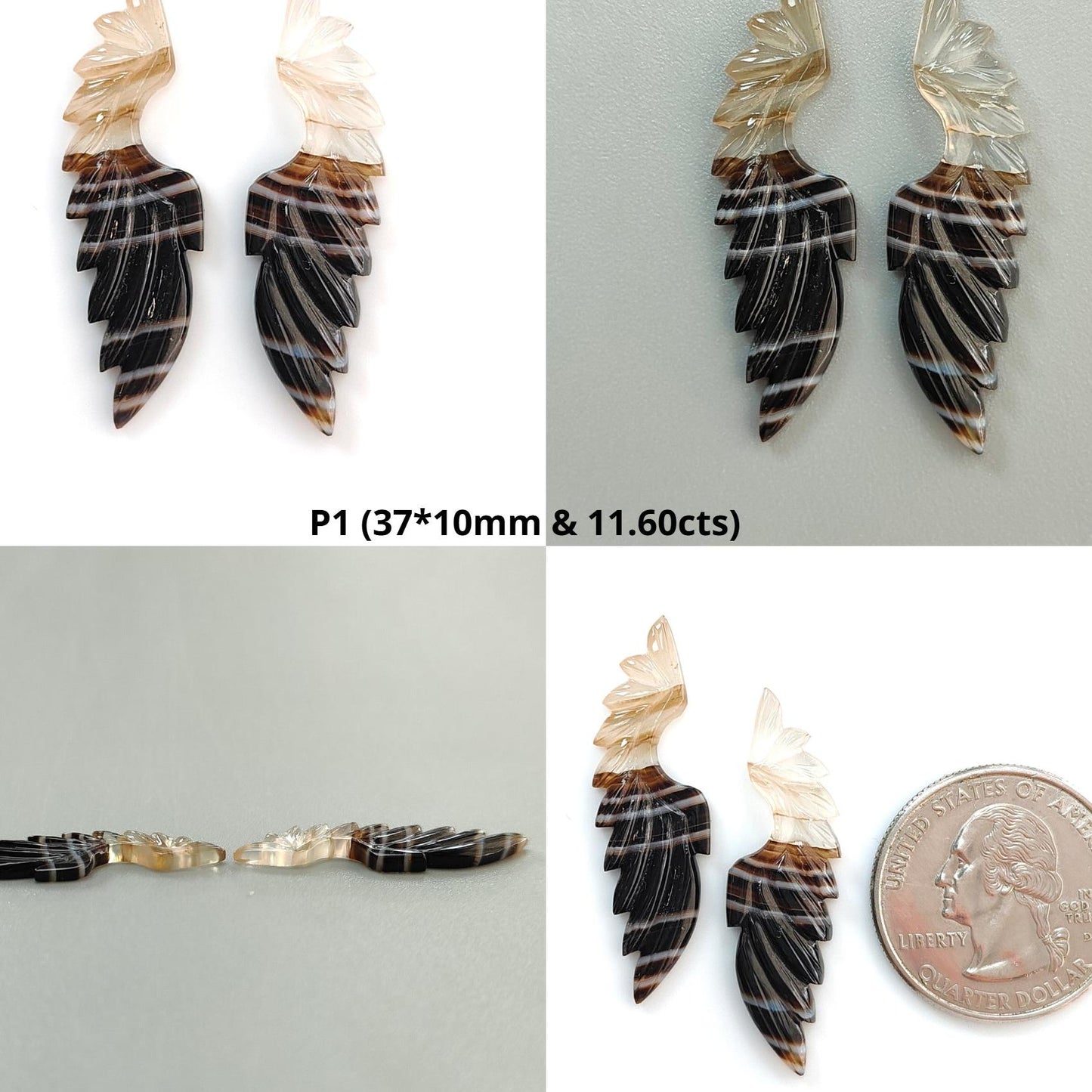 Multi Color Botswana Agate Gemstone Carving: Natural Untreated Bi-Color Agate Hand Carved Angel Wings Pair for Jewelry May Birthstone