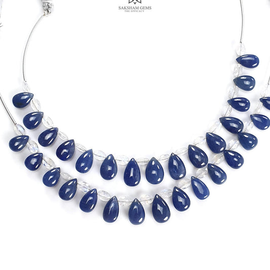 Blue Sapphire Rainbow Moonstone Plain Beads: 67.00cts (Apx) Natural Untreated Sapphire Plain  Teardrop Oval 6" (Apx) Beads 9*6mm - 12*8mm