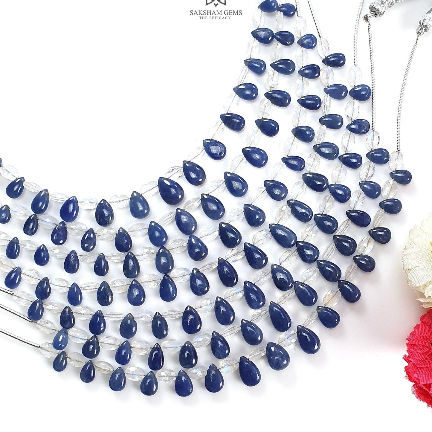 Blue Sapphire Rainbow Moonstone Loose Beads : 29.50cts (Apx) Natural Untreated Sapphire Faceted Plain Teardrop Oval 5.5"(Apx) 6*4mm- 10*7mm