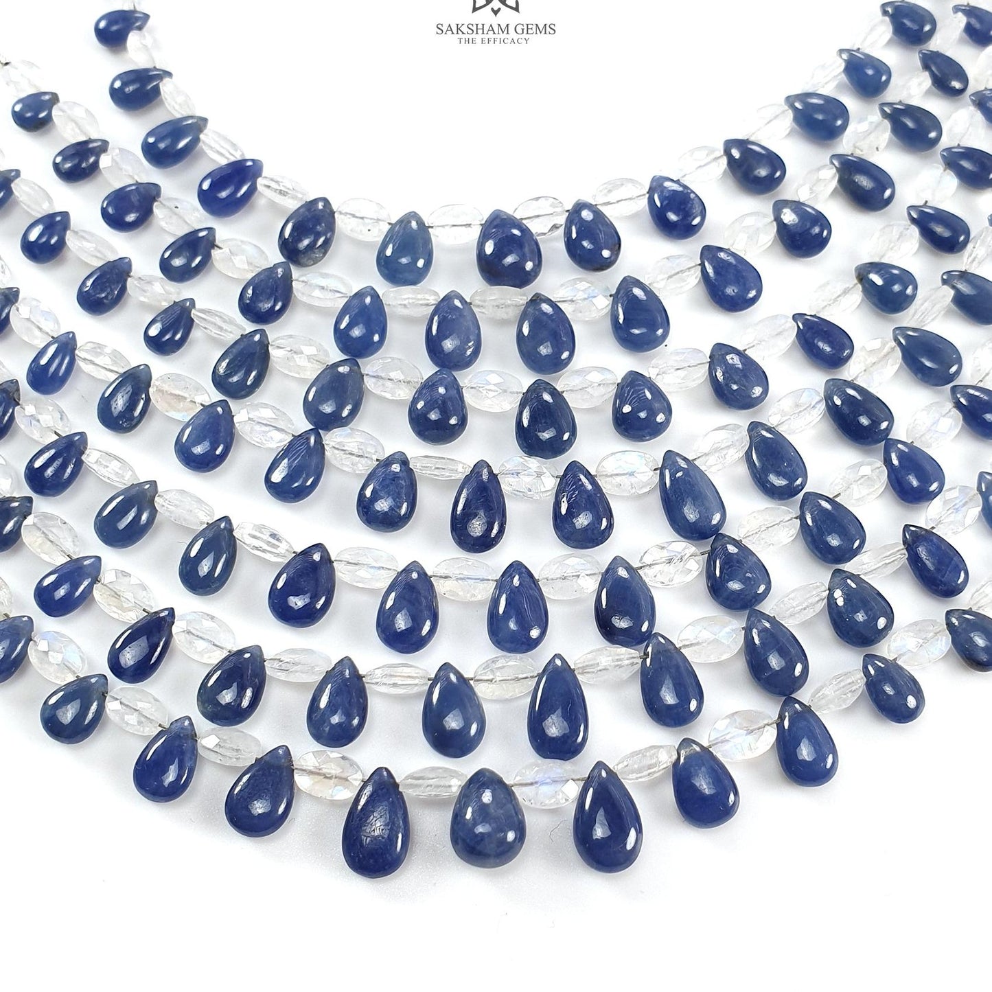 Blue Sapphire Rainbow Moonstone Loose Beads : 29.50cts (Apx) Natural Untreated Sapphire Faceted Plain Teardrop Oval 5.5"(Apx) 6*4mm- 10*7mm
