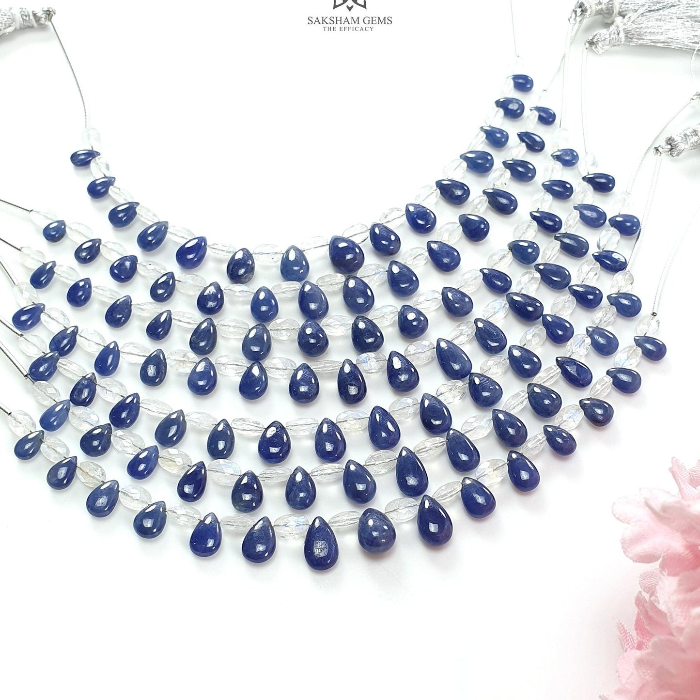 Blue Sapphire Rainbow Moonstone Loose Beads : 29.50cts (Apx) Natural Untreated Sapphire Faceted Plain Teardrop Oval 5.5"(Apx) 6*4mm- 10*7mm