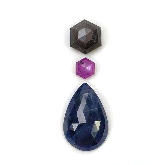 sapphire pear, hexagon rose cut