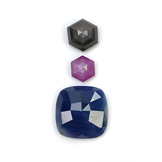 sapphire cushion, hexagon rose cut slices