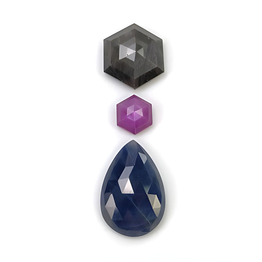 sapphire pear, hexagon rose cut slices